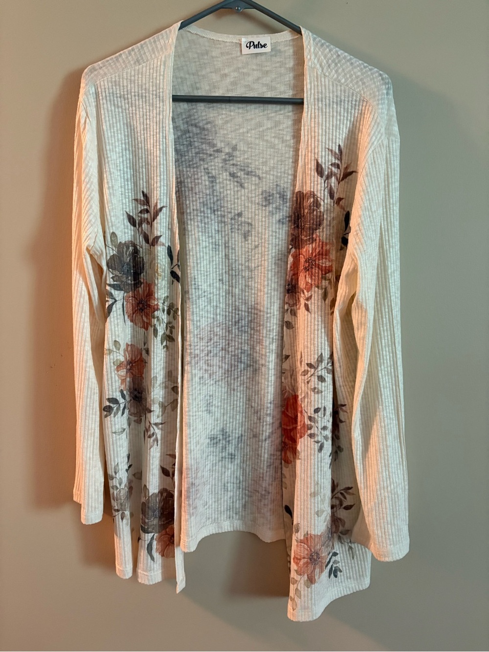 Pulse Cream Ribbed Open-Front Cardigan with Rust Floral Accents